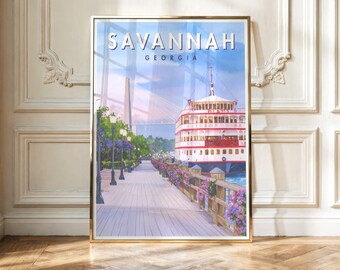 Savannah, GA-tryck | Vattenscen med flodgata | Södra reseaffisch | Digital nedladdning | Utskrivbar väggkonst