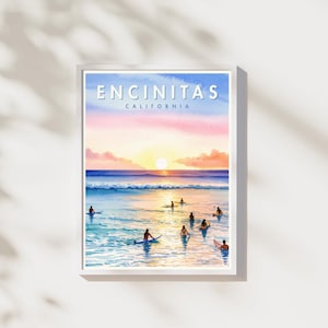 Encinitas Surfer Print | California Coastal Wall Art | Surfers in Water Poster | Digital Download | Beach Decor | Printable Artwork