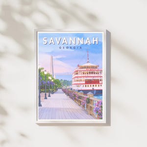 Savannah GA Print | River Street Waterfront Scene | Southern Travel Poster | Digital Download | Printable Wall Art