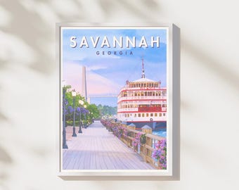 Savannah GA Print | River Street Waterfront Scene | Southern Travel Poster | Digital Download | Printable Wall Art