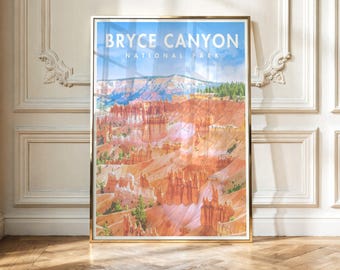 May include: A framed vertical wall art print featuring a landscape illustration of Bryce Canyon National Park. The image displays orange and red rock hoodoos, green pine trees, and a blue sky with the text BRYCE CANYON NATIONAL PARK at the top.