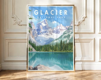 May include: A vertical wall art print featuring a landscape illustration of Glacier National Park. The artwork displays snow-capped mountains, a dense green pine forest, and a turquoise lake with the text GLACIER NATIONAL PARK at the top.