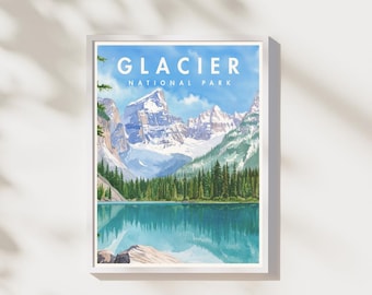 Impressão do Parque Nacional Glacier | Pôster do Parque Nacional | Arte de parede com paisagem montanhosa | Download digital | Arte para imprimir