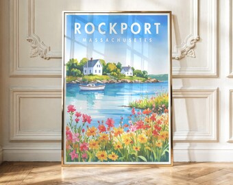 Lámina de Rockport, MA / Arte mural de la costa de Nueva Inglaterra / Póster de puerto costero / Descarga digital / Obra de arte imprimible
