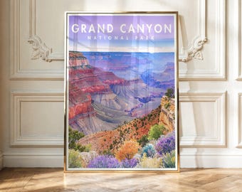 May include: A vertical poster in a gold frame featuring a landscape illustration of the Grand Canyon National Park. The image displays layered red rock formations, deep blue shadows, and colorful desert vegetation under a light purple sky.