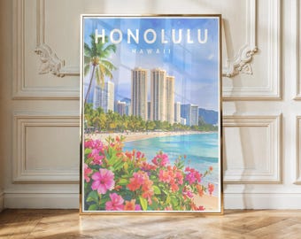 May include: A vertical wall art print featuring a Honolulu, Hawaii travel poster. The image displays a sandy beach, turquoise ocean, and tall city buildings under a blue sky. Bright pink and orange tropical flowers fill the foreground.