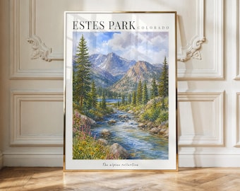 May include: A vertical wall art print in a gold frame featuring a watercolor landscape of Estes Park, Colorado. The scene depicts a flowing stream, tall pine trees, and rugged mountains under a cloudy sky. Text reads ESTES PARK COLORADO and The alpine collection.