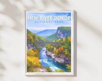 Impressão do Parque Nacional New River Gorge | Arte de paisagem com ponte na montanha | Pôster de parque nacional | Download digital | Arte de parede para imprimir