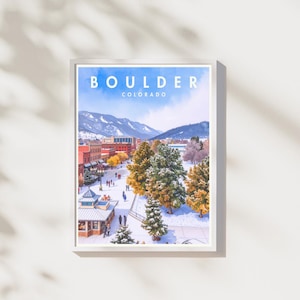 Boulder CO-print | Colorado-muurkunst | Aquarel bergstad poster | Digitale download | Boulderdecoratie | Afdrukbaar kunstwerk