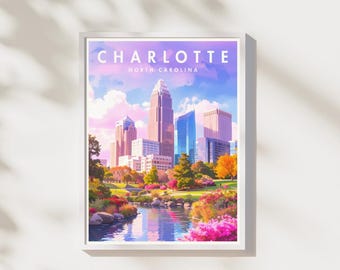 Charlotte NC Print | Downtown Charlotte Wall Art | Watercolor City Poster | Digital Download | Queen City Decor | Printable Artwork
