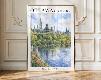Könnte beinhalten: Ein gerahmter vertikaler Kunstdruck mit dem Titel OTTAWA CANADA, der ein Aquarell der Parlamentsgebäude jenseits eines Flusses mit grünen Bäumen und rosa Tulpen im Vordergrund zeigt. Der Text The northern collection steht am unteren Rand.