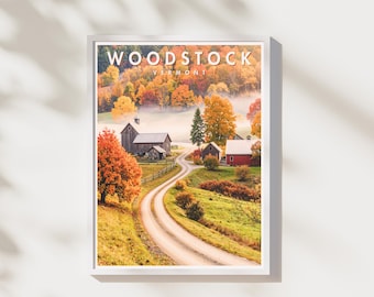Impresión de Woodstock, Vermont / Arte mural con follaje otoñal / Póster de paisaje otoñal de Nueva Inglaterra / Obra de arte de un pequeño pueblo de Vermont / Descarga digital