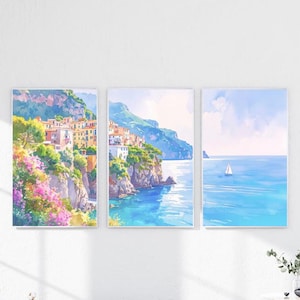 Coastal Italy Print | Set of 3 | Mediterranean Wall Art | Seaside Watercolor Scene | Digital Download | Coastal Decor | Printable Artwork