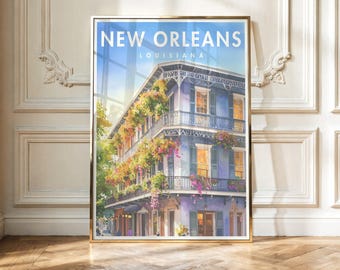 May include: A framed vertical art print featuring a New Orleans, Louisiana building with a blue sky, white text, and a multi-story structure with iron balconies adorned with vibrant yellow, orange, and pink flowers against a light purple facade.