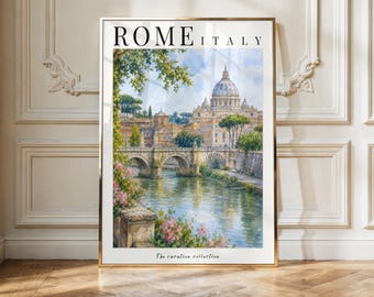 Może przedstawiać: Pionowy wydruk ścienny przedstawiający obraz rzeki Tyber w Rzymie we Włoszech, z kopułą Bazyliki św. Piotra w tle. Tekst ROME ITALY jest wydrukowany na górze, a The vacation collective znajduje się na dole.