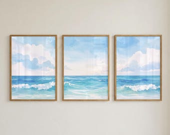Ocean Watercolor Print | Set of 3 | Coastal Wall Art Trio | Beach Horizon Scene | Digital Download | Serene Sea Decor | Printable Artwork