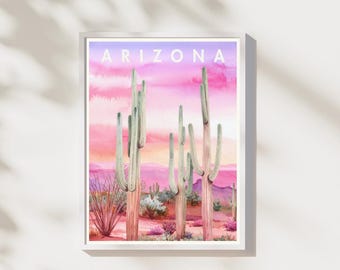 Lámina de cactus de Arizona / Arte mural de atardecer con saguaros / Póster de acuarela del desierto / Descarga digital / Decoración del suroeste / Obra de arte imprimible