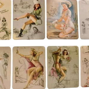Puede incluir: Un conjunto de ocho ilustraciones vintage de estilo pin-up que representan mujeres en varias poses y escenarios. Las ilustraciones están dibujadas en un estilo de dibujos animados con un enfoque en las figuras de las mujeres. Las ilustraciones están impresas sobre un fondo marrón claro.