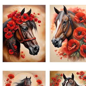 Pferde Reispapier für Decoupage, Volkstrauertag, Pferd mit Mohnblumen, dekoratives Papierhandwerk, DIY Dekor