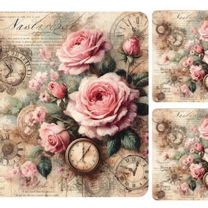 Papel de arroz vintage con rosas rosas para decoupage, scrapbooking, diarios, fabricación de tarjetas y manualidades decorativas con papel, decoración de muebles