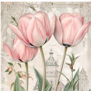 Papier de riz à fleurs pour découpage / Tulipes roses / Scrapbooking / Fabrication de cartes / Ephémères / Journal / A4