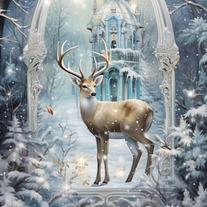 Carta di riso per decoupage, scena di neve invernale da favola con cervo, effimeri scrapbooking, creazione di biglietti, artigianato decorativo in carta, decorazioni fai da te