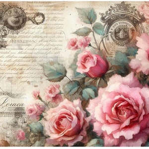 Carta di riso con rose rosa vintage per decoupage, scrapbooking, diari, creazione di biglietti e artigianato decorativo con carta, arredamento