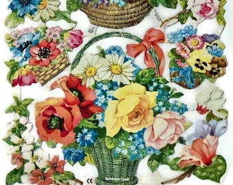 Puede incluir: Una hoja de papel artesanal vintage con varios diseños florales, incluyendo rosas, margaritas y nomeolvides. Las flores están dispuestas en cestas y ramos, con algunas flores individuales. La hoja está impresa en papel blanco con un fondo azul claro.