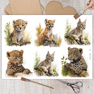Carta di riso con animali selvatici per decoupage, collage di gatti selvatici, lavori di carta decorativi, creazione di biglietti, regalo artigianale per amanti dei gatti, tecniche miste, decorazioni fai da te