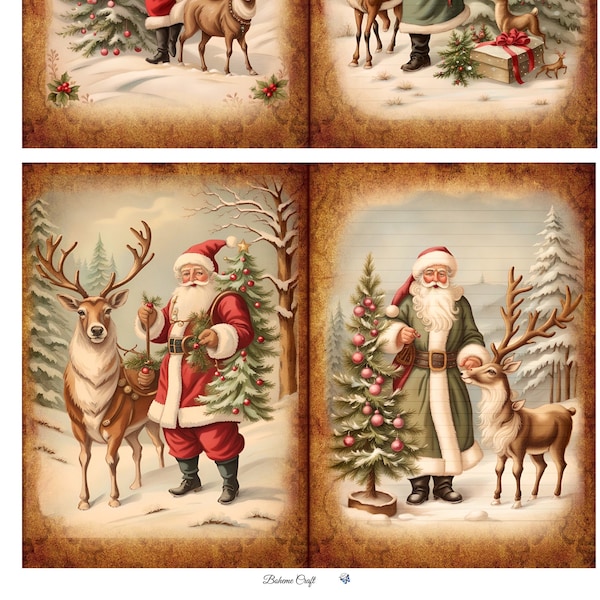 Santa Rice Paper for Decoupage, Vintage Santa And Reindeer Collage, Mulberry, Scrapbooking, Card Making, 1 A4 Sheet