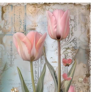 Papier de riz pour découpage / Tulipes roses / Scrapbooking / Fabrication de cartes / Loisirs créatifs en papier décoratif