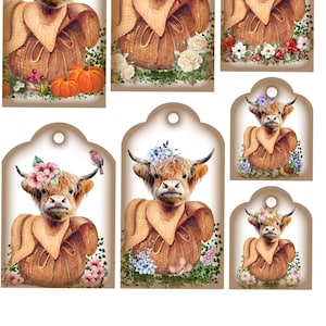 Rice Paper for Decoupage, Highland Cow Tag Collage Sheet, Decorative Mulberry Tissue, Scrapbooking, Junk Journal , 1 A4 Sheet