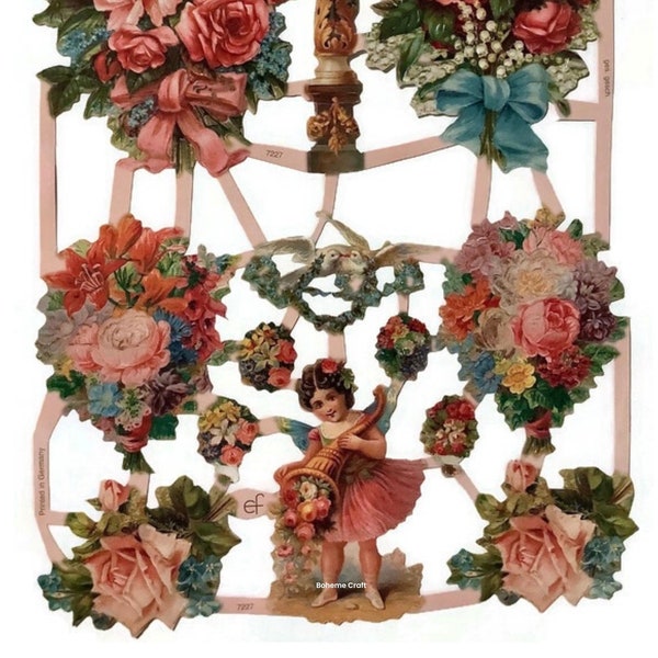 Die Cut Relief Paper Scraps, German Embossed, Vintage Flower Girl, Victorian Scrapbook Sheet, Floral Decoupage, EF, 7227
