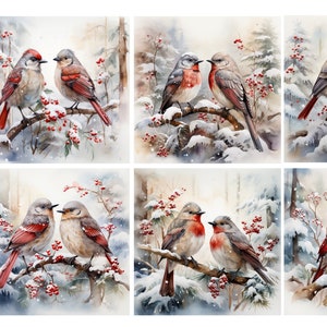 May include: A set of six watercolor illustrations featuring pairs of small birds perched on snow-covered branches with red berries. The scenes depict various winter forest settings with soft white, gray, and brown tones, highlighting the birds' plumage and the icy, frosted environment in each individual square composition.