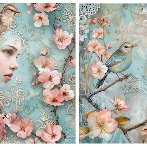 Carta di riso per decoupage /Uccello su fiori di ciliegio / / Creazione di biglietti / Effimere / Decorazione di mobili fai da te / Artigianato di carta