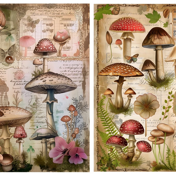 Decorative Rice Paper for Decoupage, Vintage Mushroom Collage, Scrapbooking, Card Making.