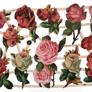 May include: A sheet of vintage-style paper roses in various shades of pink and red. The roses are arranged in a grid pattern on a white background. The sheet is labelled "Bohema Craft" and "Made in Germany".
