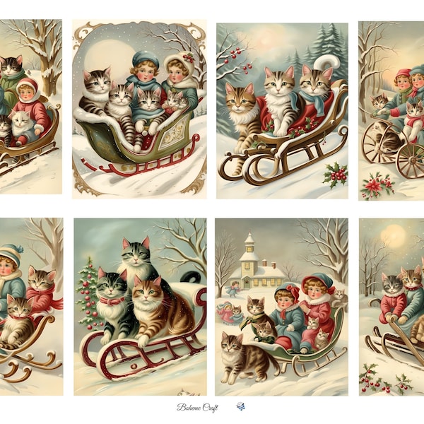 Decorative Rice Paper for Decoupage / Vintage Christmas Cats With Victorian Children On Sleighs Snow Scene / Scrapbooking / Card Making