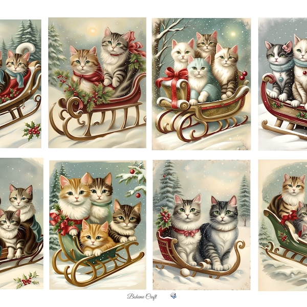 Decorative Rice Paper for Decoupage / Vintage Christmas Cats On Sleighs Snow Scene / Scrapbooking / Card Making / 30gm/2