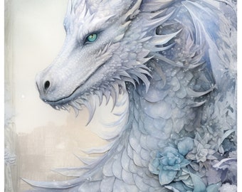 Fantasy Winter Dragon Rice Paper for Decoupage, Mulberry Tissue, Scrapbooking, 1 A4 Sheet