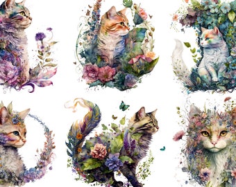 Floral Cats Rice Paper for Decoupage: Scrapbooking, DIY Crafts