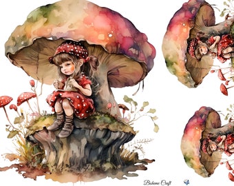 Fairy On Toadstool Mushroom Rice Paper - Fairytale Art Decoupage