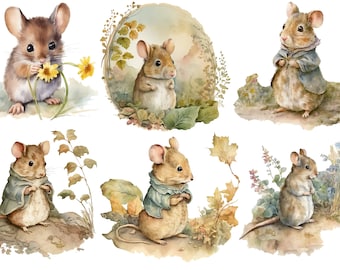 May include: Watercolor illustrations of adorable mice in various poses. One mouse holds a yellow flower, while others are dressed in coats and surrounded by foliage. The artwork has a soft, whimsical style, perfect for children's decor or nature-themed projects.