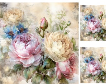 Carta di riso con rose vintage per decoupage, riciclo di mobili, diari, creazione di biglietti e artigianato decorativo con carta