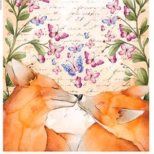 Papel de arroz con zorros besándose románticos para decoupage, scrapbooking, fabricación de tarjetas, manualidades decorativas con papel, decoración de muebles