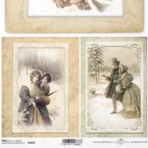 Rice Paper for Decoupage, Vintage Snow Scene, Decorative Mulberry Tissue, Scrapbooking., Card Making, 1 Sheet, R1027