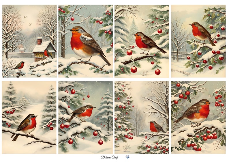 May include: A collection of eight winter-themed illustrations featuring European robins with orange-red breasts perched on snow-covered branches, holly berries, and pine trees, with some scenes including red ornaments and a small cottage in the snow.