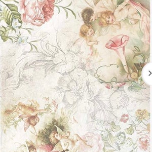 May include: A vintage-style floral design with delicate pink roses and a whimsical scene of fairies with wings. The background is a soft white with a subtle texture. The image includes the text "fld COLLECTION".