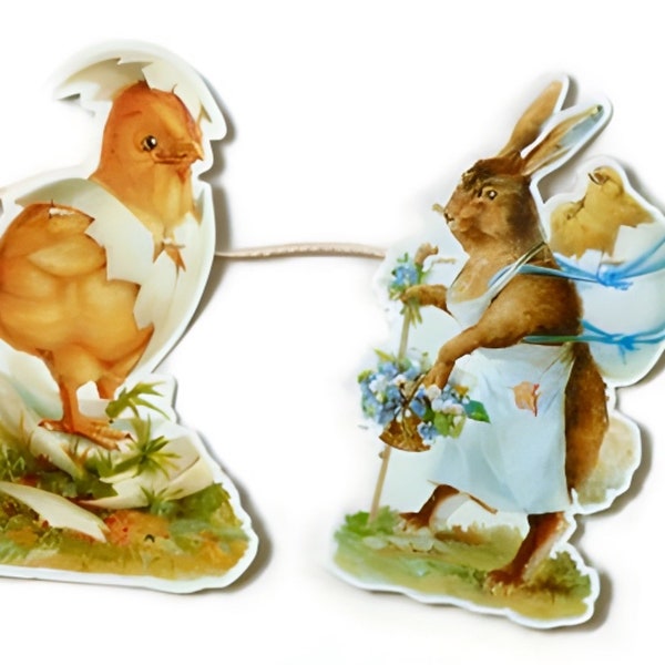 Paper Scrap Die Cut , Easter Bunny Garland, Bunting, Vintage Victorian Style Wall Garland, Mamelok