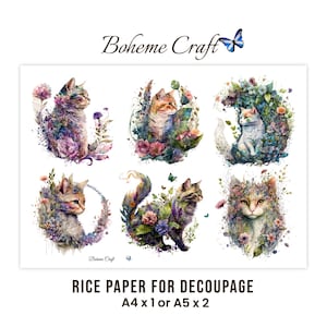 Cat Decoupage Paper, Whimsical Floral Cat Art Rice Paper Collage, A4 or A5